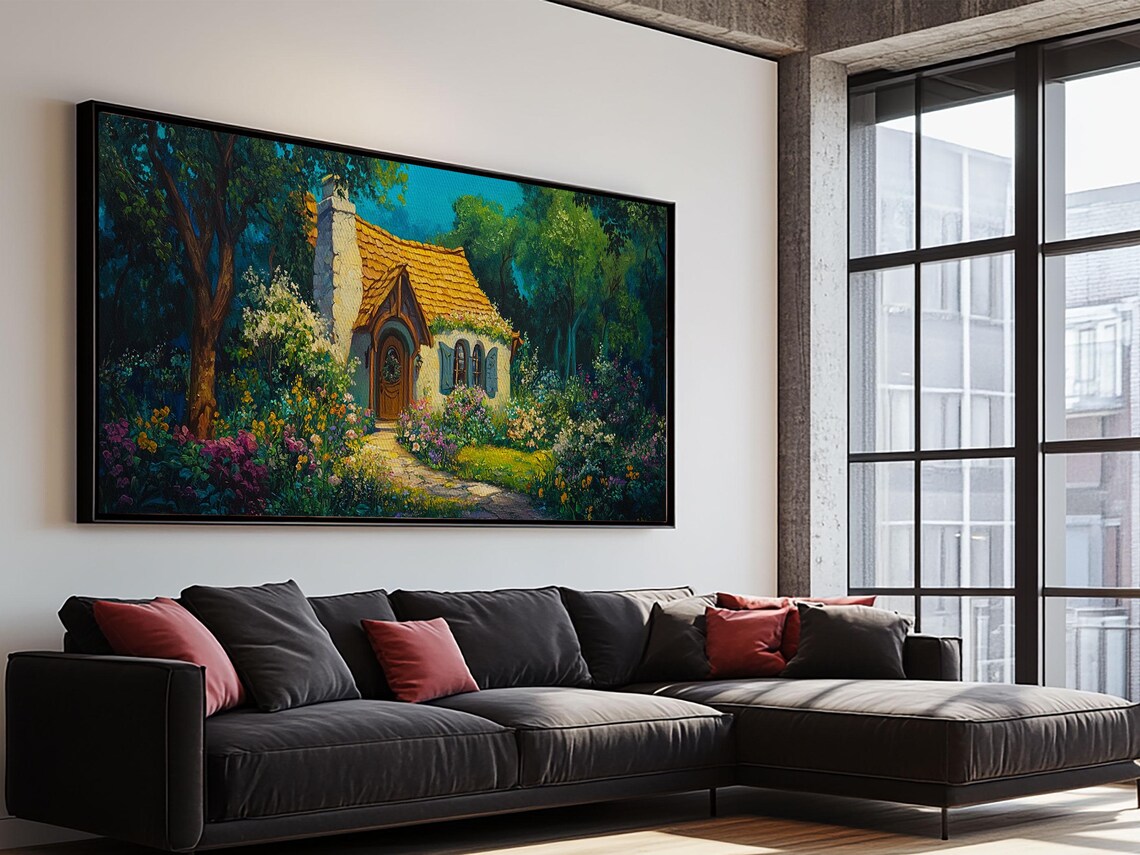 Whimsical Garden Cottage Flower Path Stone House Night Panoramic Wall Art - Image 2