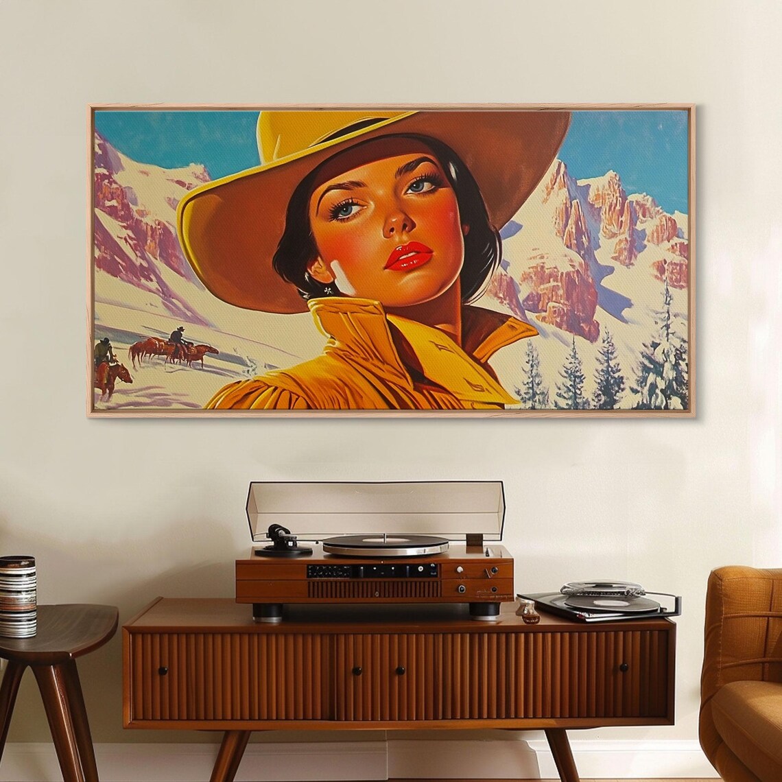Retro Cowgirl Portrait With Snowy Mountain Riders Behind Art Print - Image 2