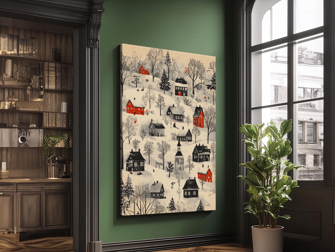 Snowy Christmas Village Red Houses Winter Hillside Holiday Art Poster - Image 6