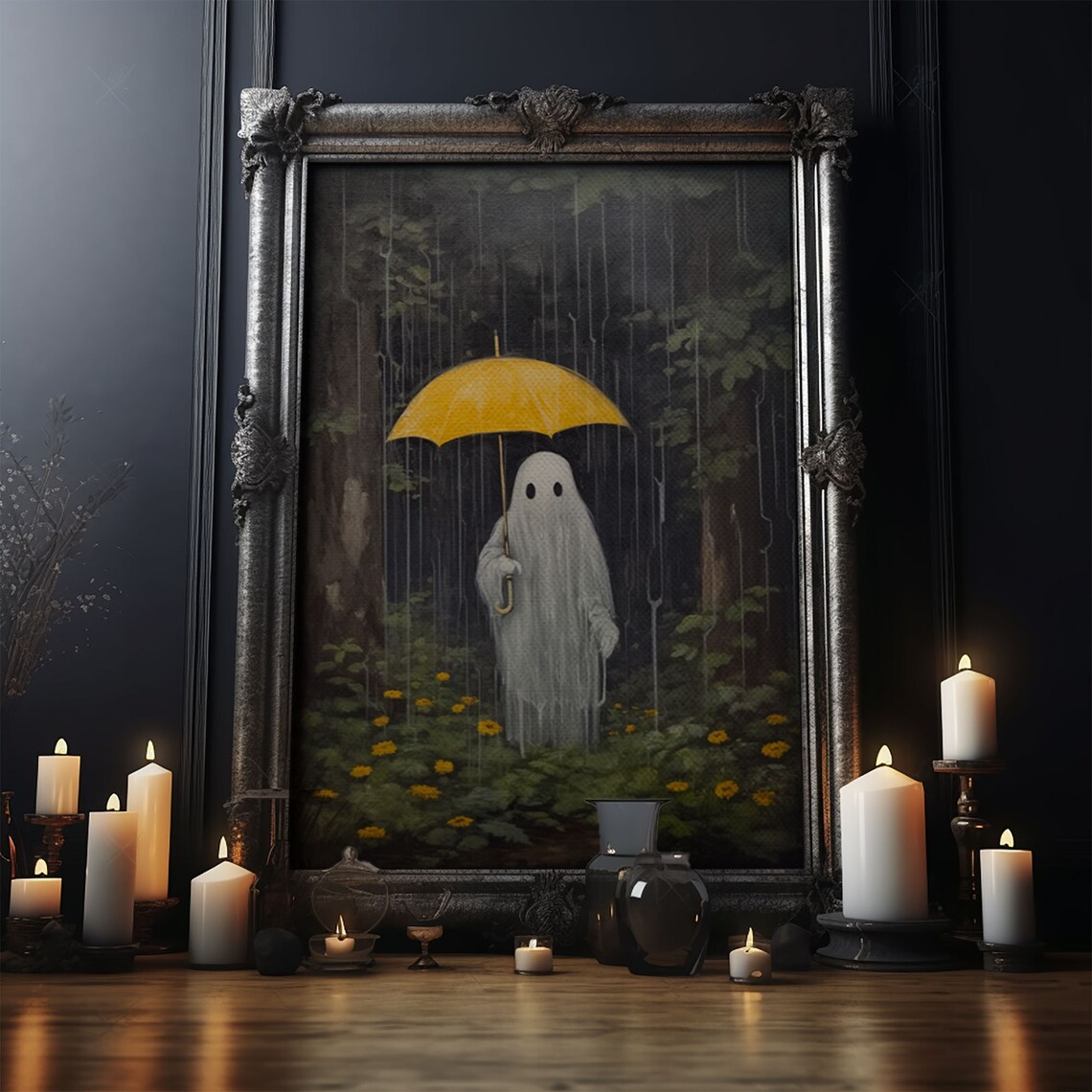 Spooky Ghost in the Rain Vintage Halloween Art Print - Image 4