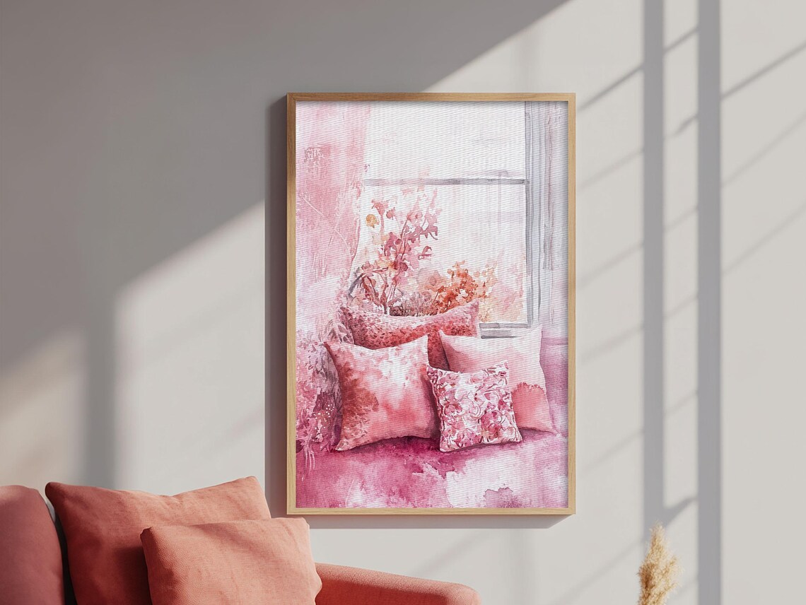 Cozy Pink Window Seat With Floral Pillows Watercolor Wall Art Print - Image 6