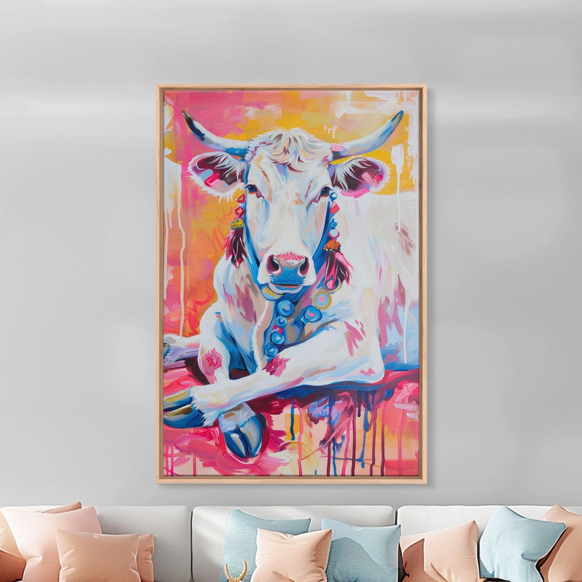 White Longhorn Cow Portrait In Colorful Pop Art Style Wall Poster - Image 3