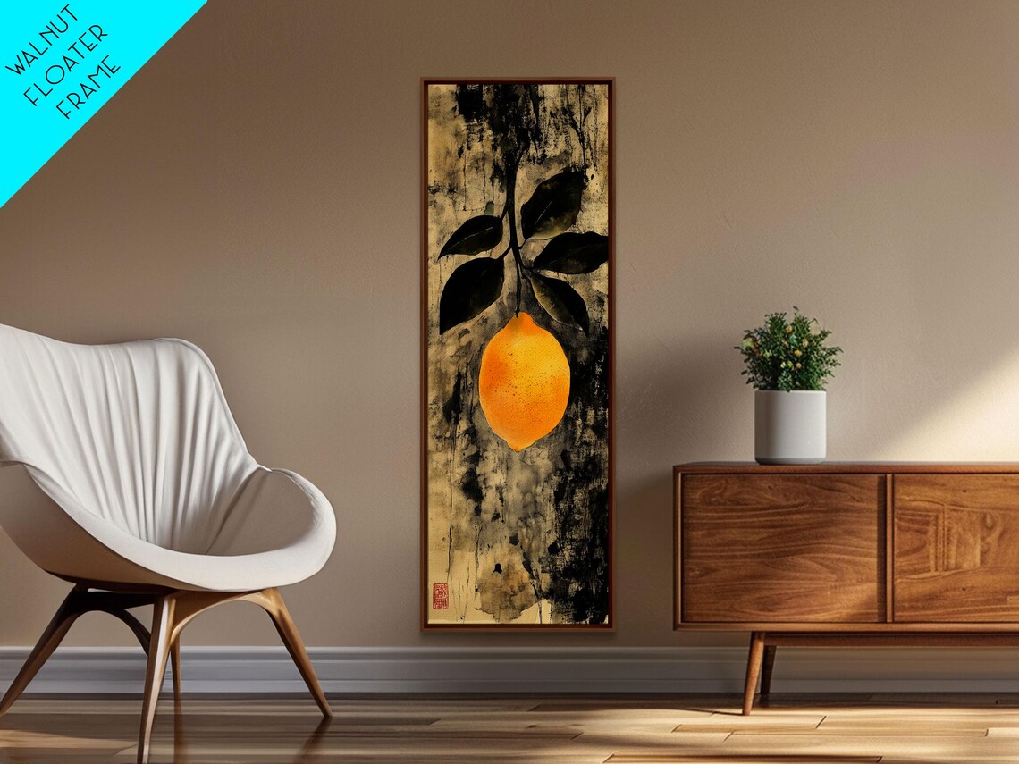Vintage Single Lemon Dark Leaves Antique Textured Ink Wash Art Poster - Image 5