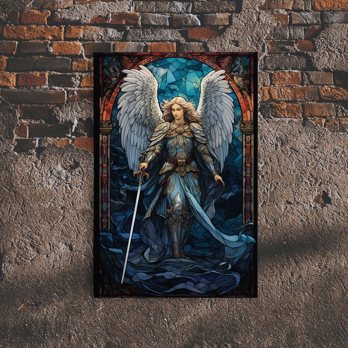Angel Warrior Stained Glass Christian Wall Art Print