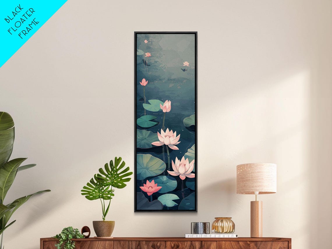 Pink Water Lilies Floating On Dark Still Pond Japanese Style Wall Art - Image 6