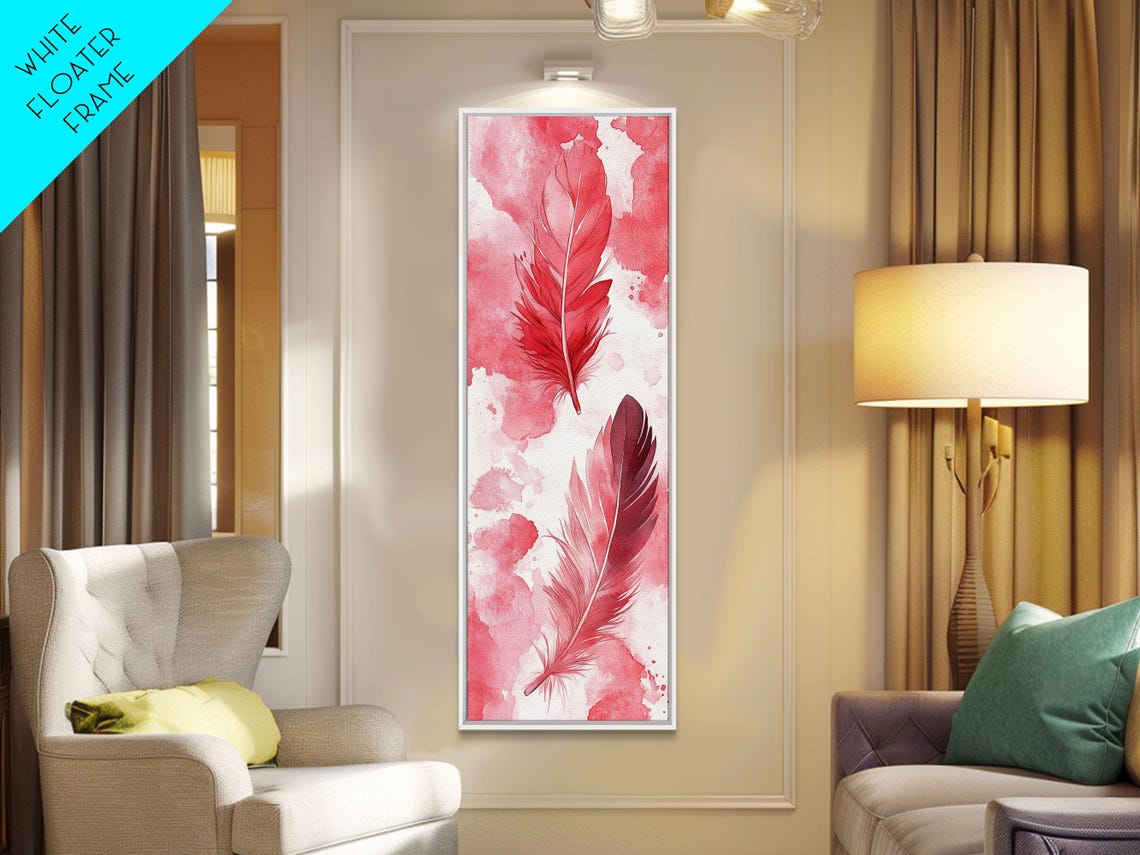 Elegant Pink Red Feathers Watercolor Minimalist Boho Wall Art - Image 6