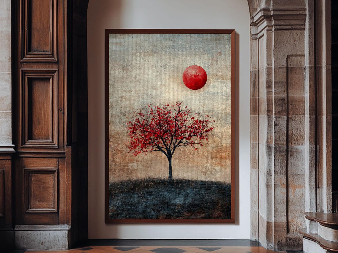 Red Tree Under Red Sun Wabi Sabi Minimalist Zen Landscape Art Poster - Image 3