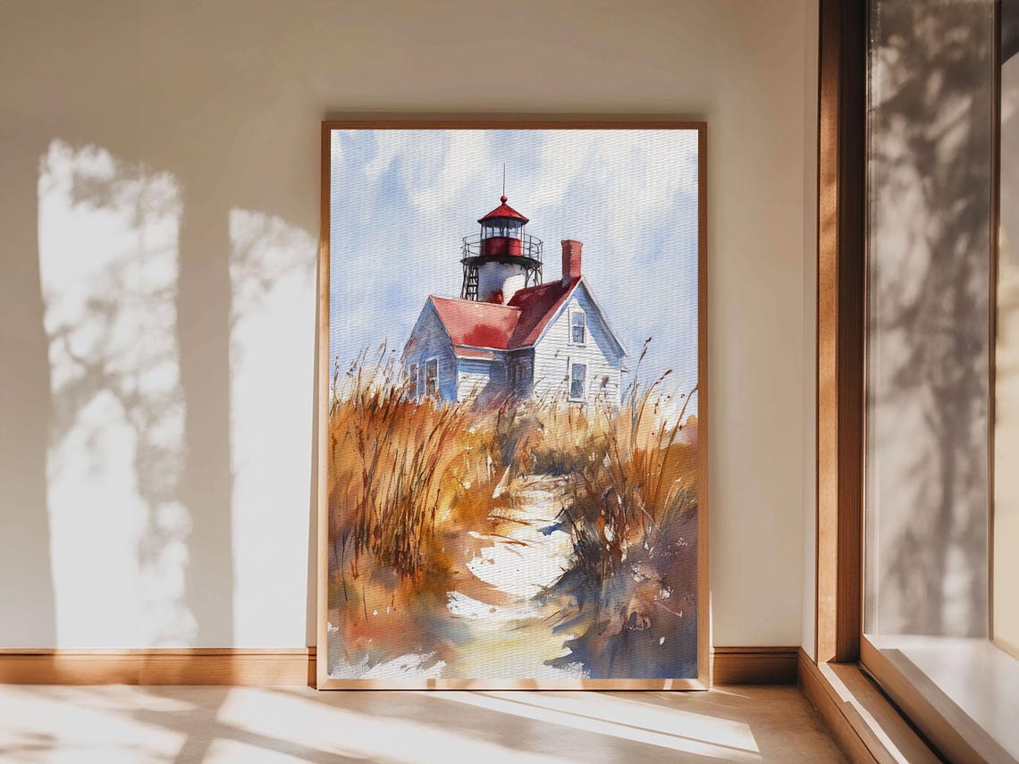 Maine Lighthouse Red Roof Dune Grass Watercolor Nautical Poster - Image 2