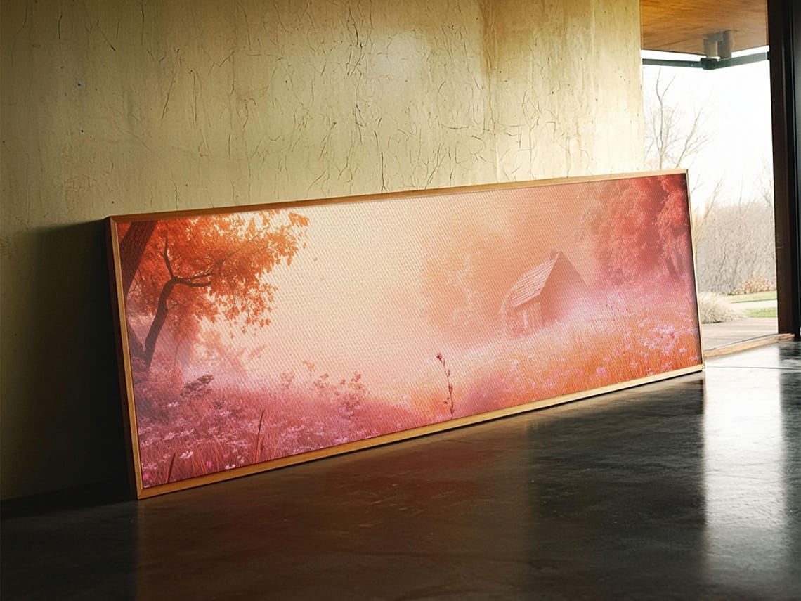 Misty Pink Cabin Autumn Forest Landscape Dreamy Cozy Wall Art - Image 3