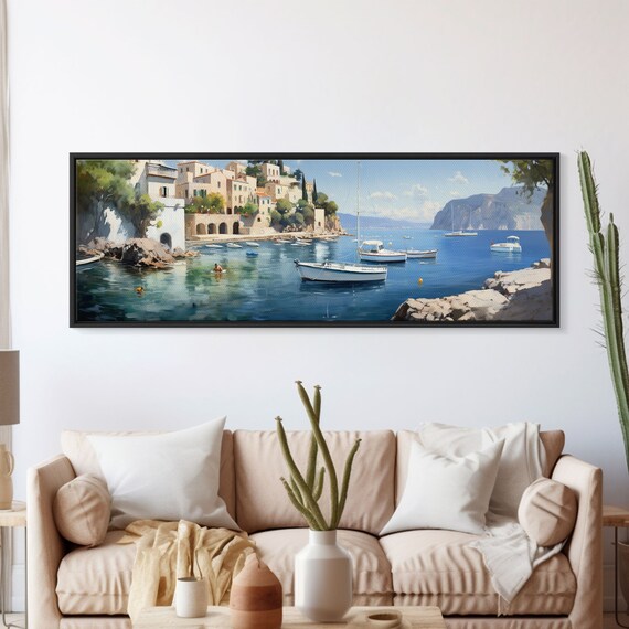 Italian Coast Harbor Painting Colorful Fishing Village Boats Mediterranean Sea Poster