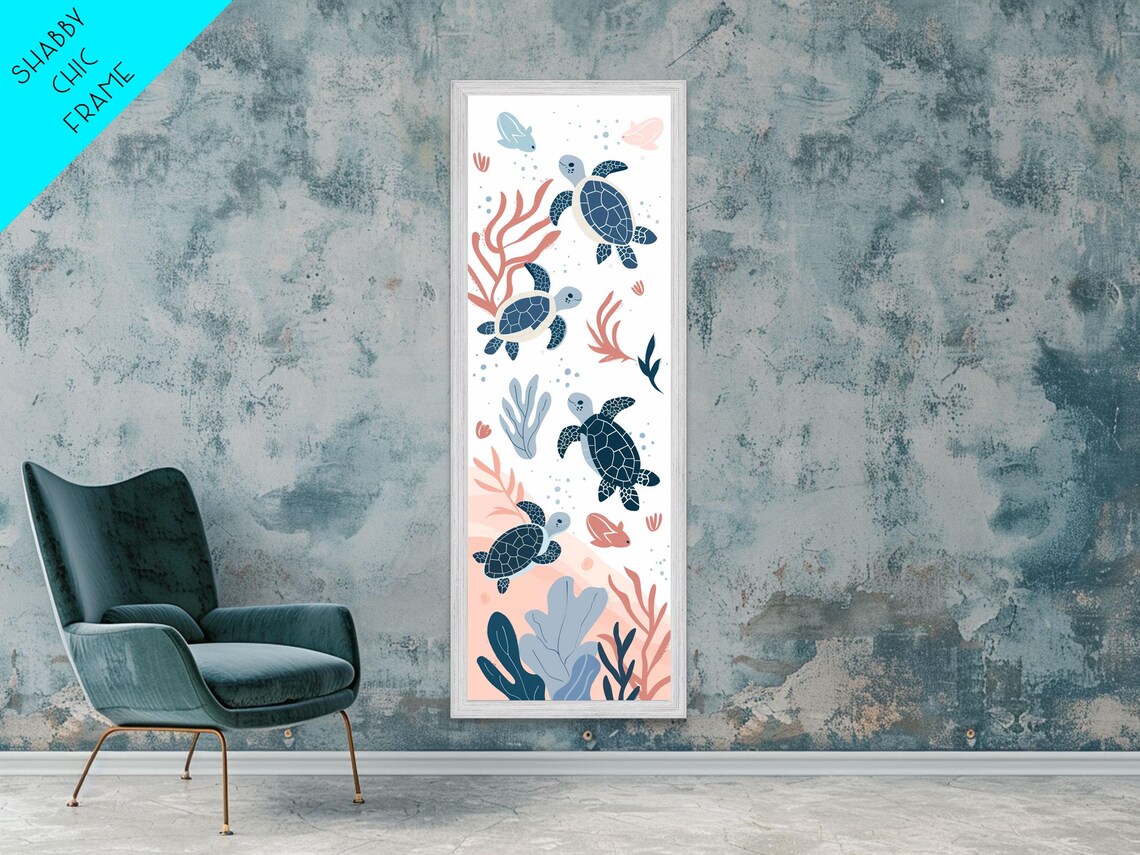 Swimming Sea Turtles Coral Reef Peach Background Ocean Tall Wall Art - Image 5