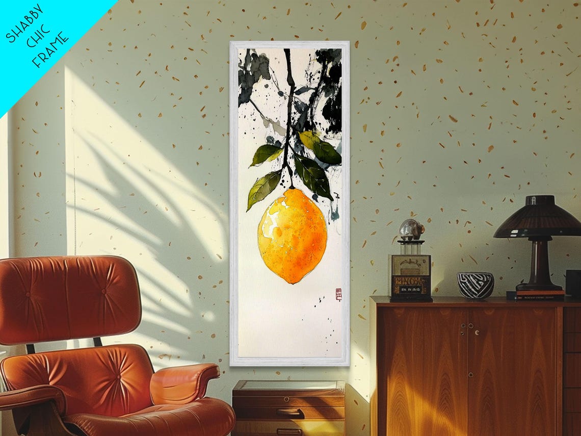 Bright Lemon Hanging Ink Branch Green Leaves White Space Art Poster - Image 3