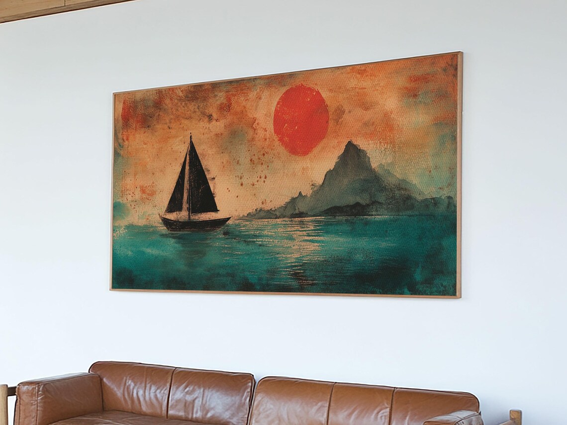 Sailboat Silhouette Under Red Sun Teal Sea Wabi Sabi Painting Wall Art - Image 6