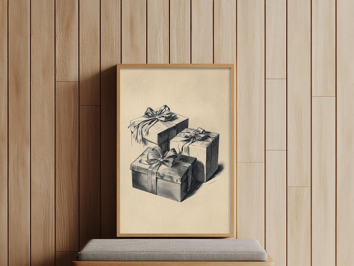 Three Wrapped Christmas Gifts Bow Sketch Vintage Holiday Poster Art - Image 6