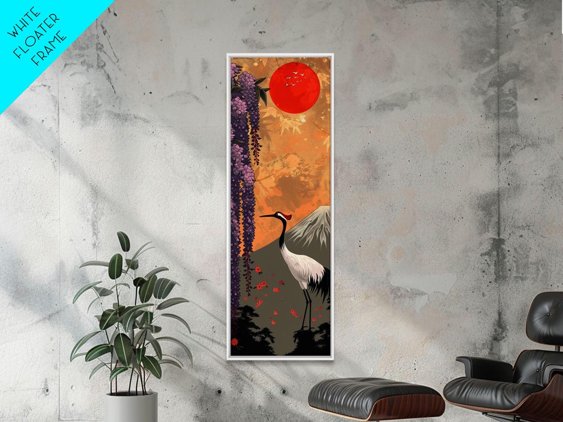 Japanese Crane Wisteria Red Sun Mount Fuji Tall Ukiyo E Art Poster - Image 5