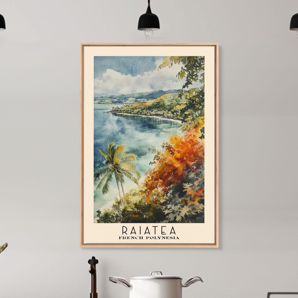 Raiatea French Polynesia Tropical Lagoon Hillside View Palm Trees Watercolor Poster - Image 6