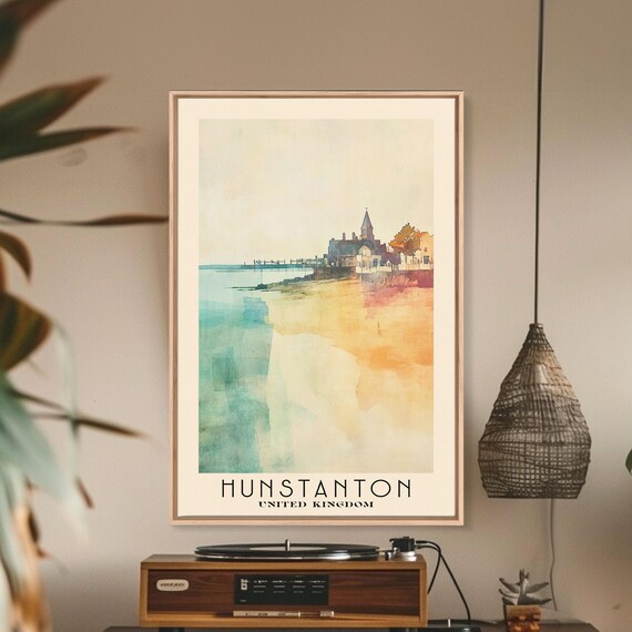Hunstanton England Seaside Sunset Watercolor Pier and Church View Poster
