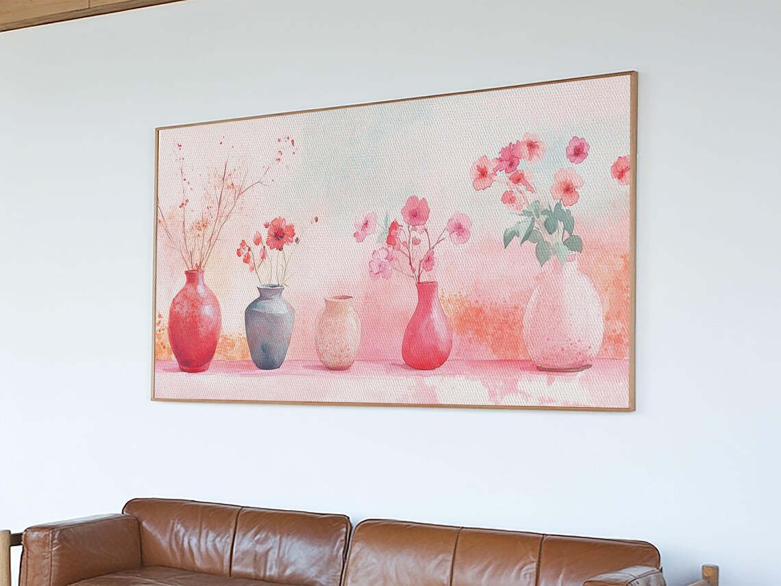 Pastel Vases Pink Flowers Watercolor Botanical Shelf Floral Poster - Image 2