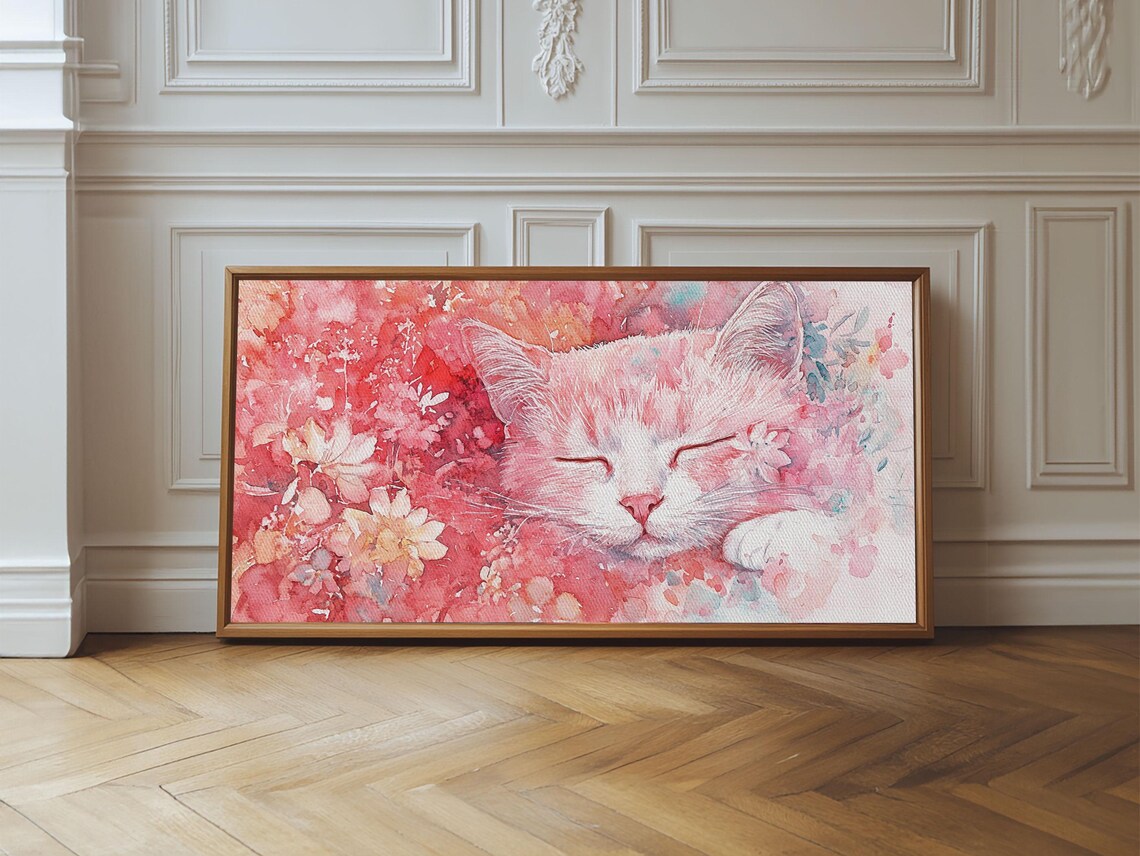 Sleeping Pink Kitten Among Flowers Watercolor Cute Cat Art Poster - Image 6