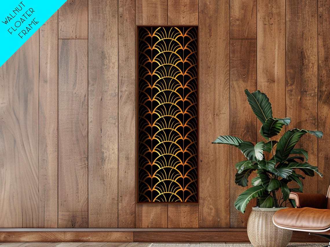 Gold Art Deco Fan Scallop Pattern Black Background Wall Print - Image 6