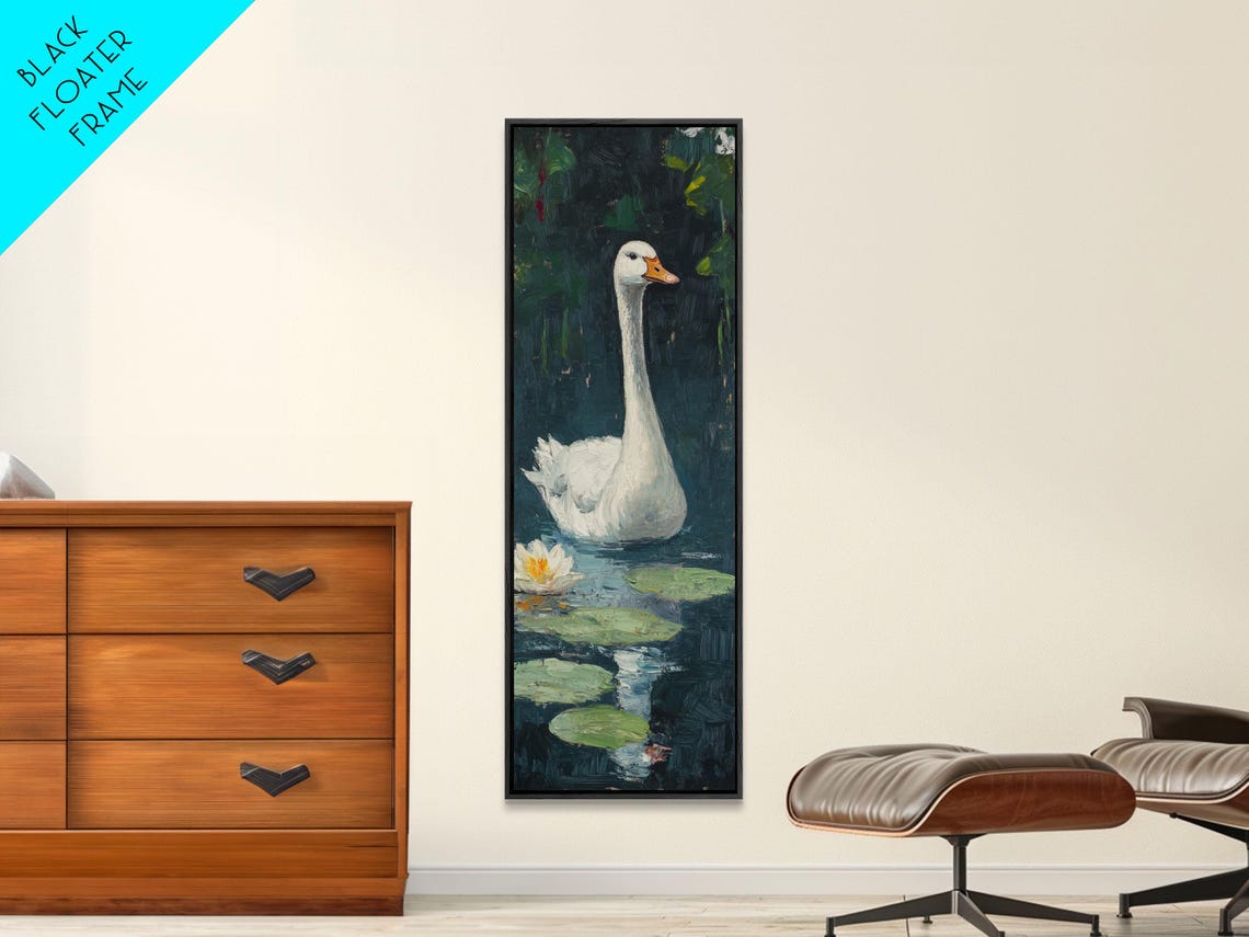 White Swan on Dark Lily Pond Water Lilies Graceful Bird Wall Art - Image 5