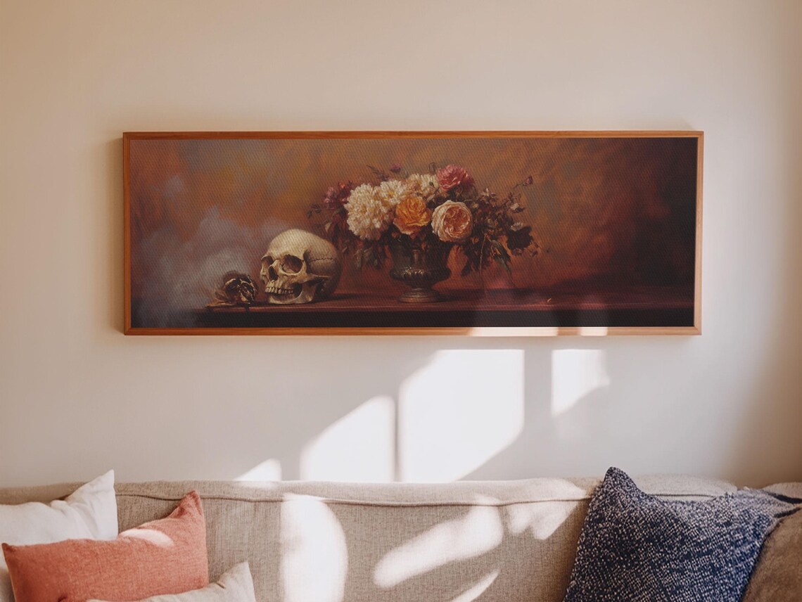 Skull Roses Gothic Still Life Dark Academia Panoramic Oil Wall Poster - Image 6