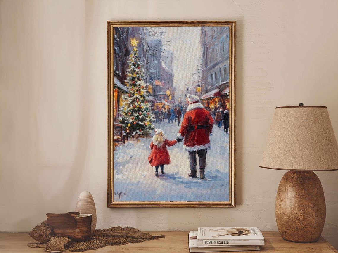 Santa With Child Snowy Town Square Christmas Tree Impressionist Poster