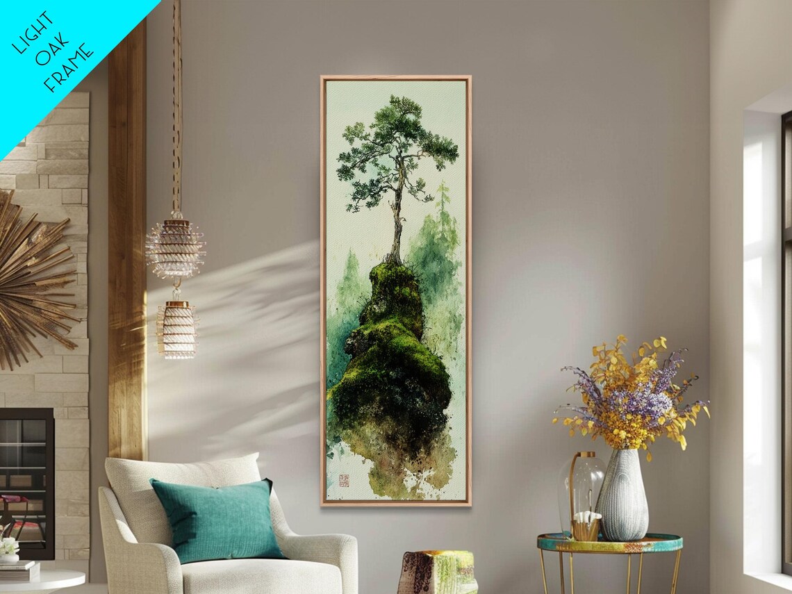 Lone Pine Tree on Mossy Rock Misty Green Watercolor Zen Wall Art - Image 4
