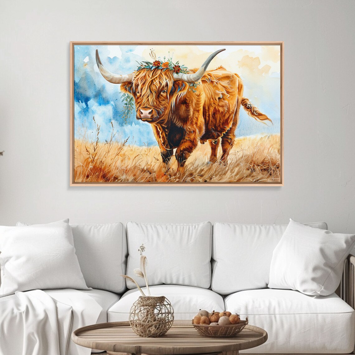 Highland Cow Flower Crown Watercolor Golden Meadow Animal Wall Art - Image 3
