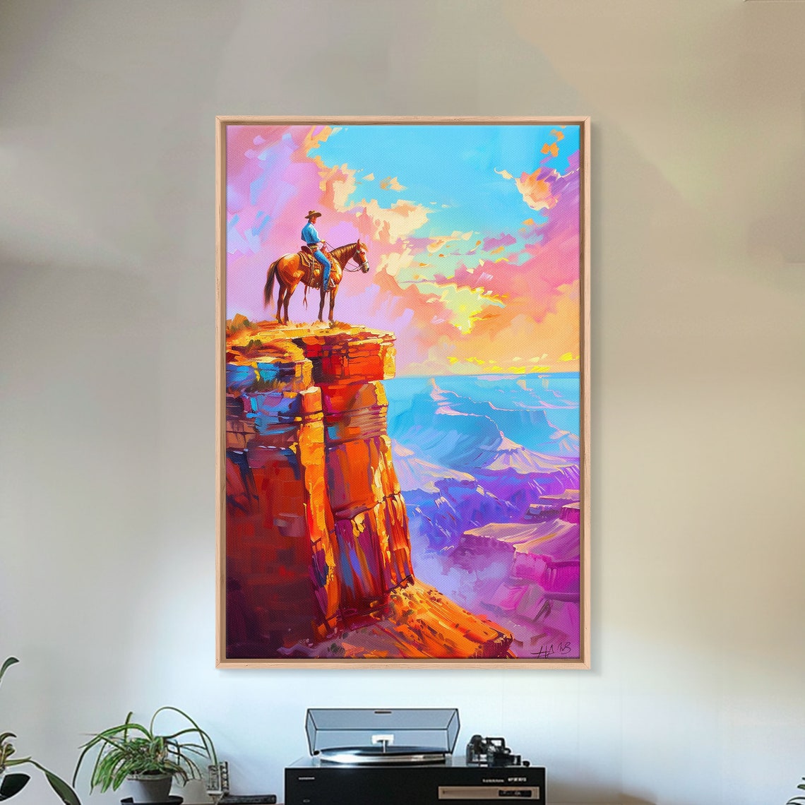Cowboy On Cliff Edge Overlooking Canyon At Sunset Art Poster - Image 5
