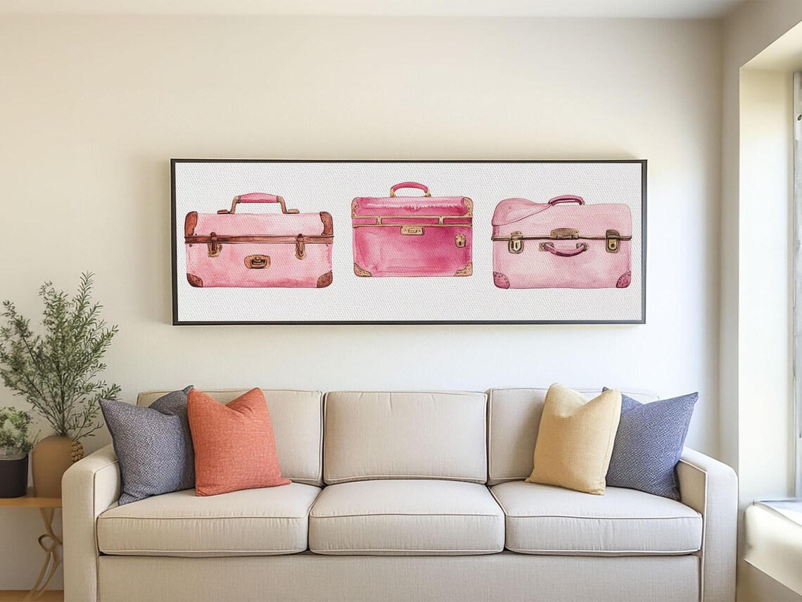 Retro Pink Suitcase Travel Poster, Cottagecore Decor