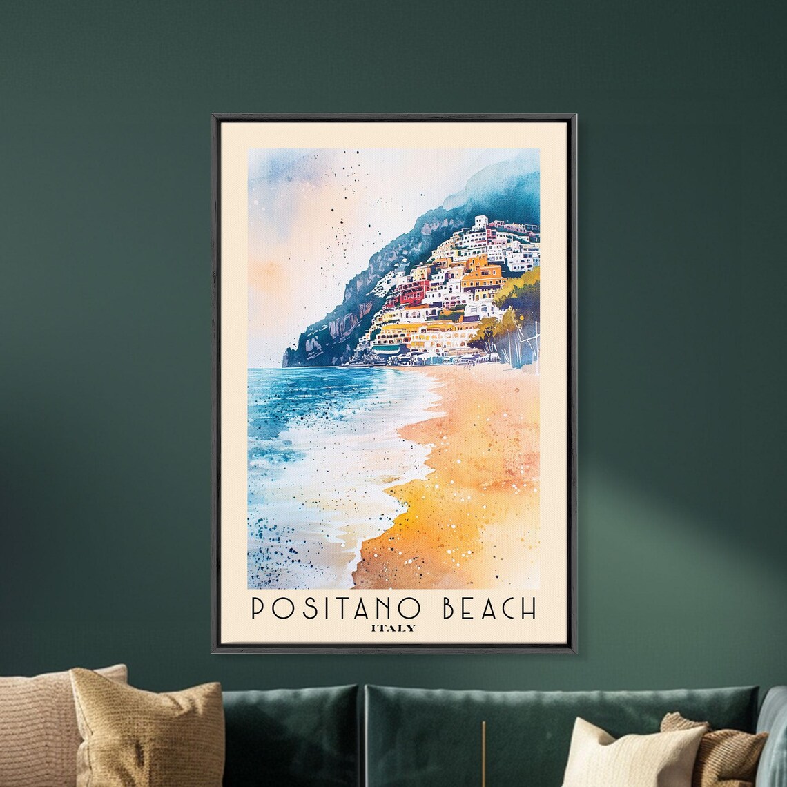 Positano Beach Italy Colorful Cliffside Town Golden Beach Blue Sea Watercolor Poster - Image 5