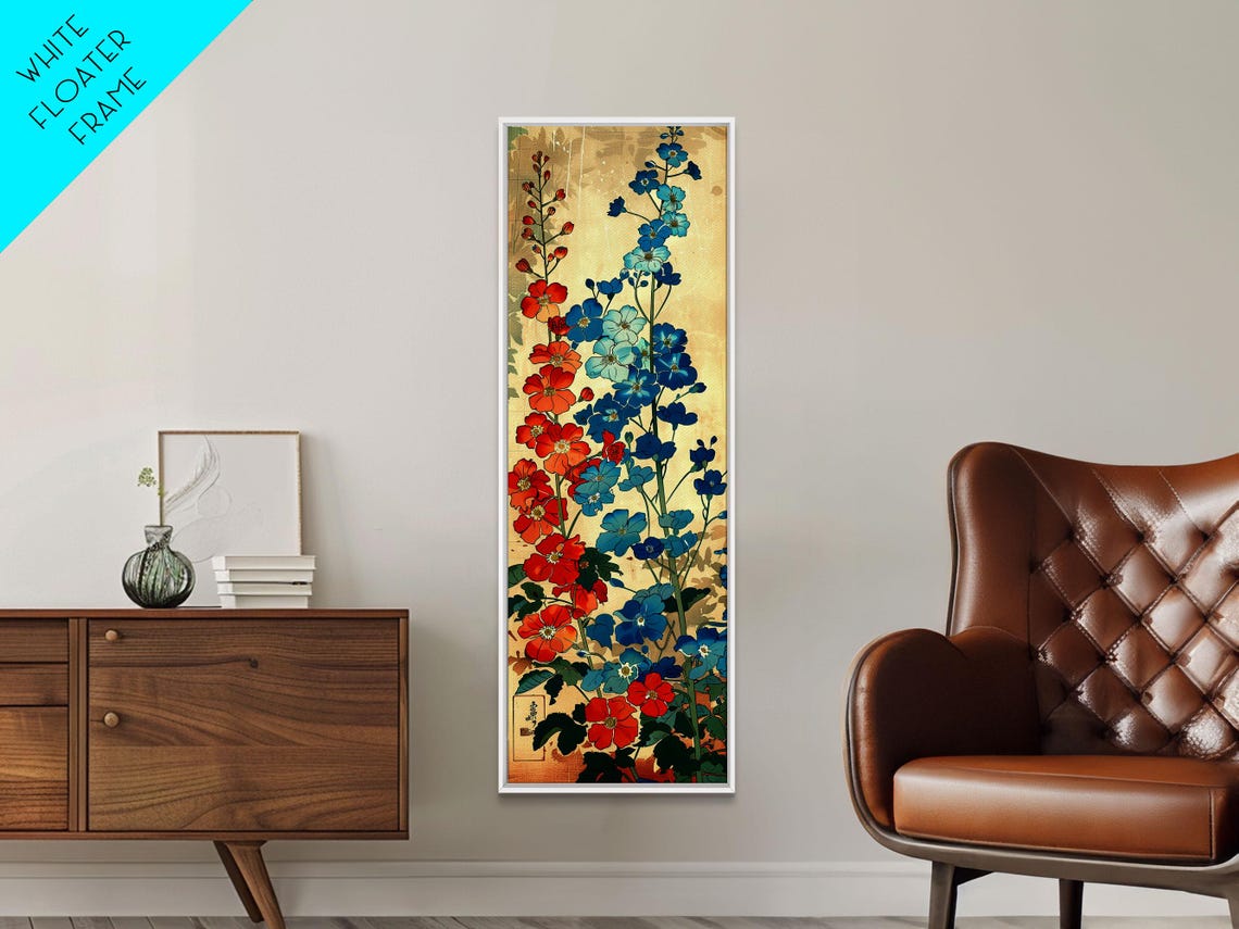 Delphinium Flowers Red Blue Cream Ukiyo E Tall Japanese Art Poster - Image 5