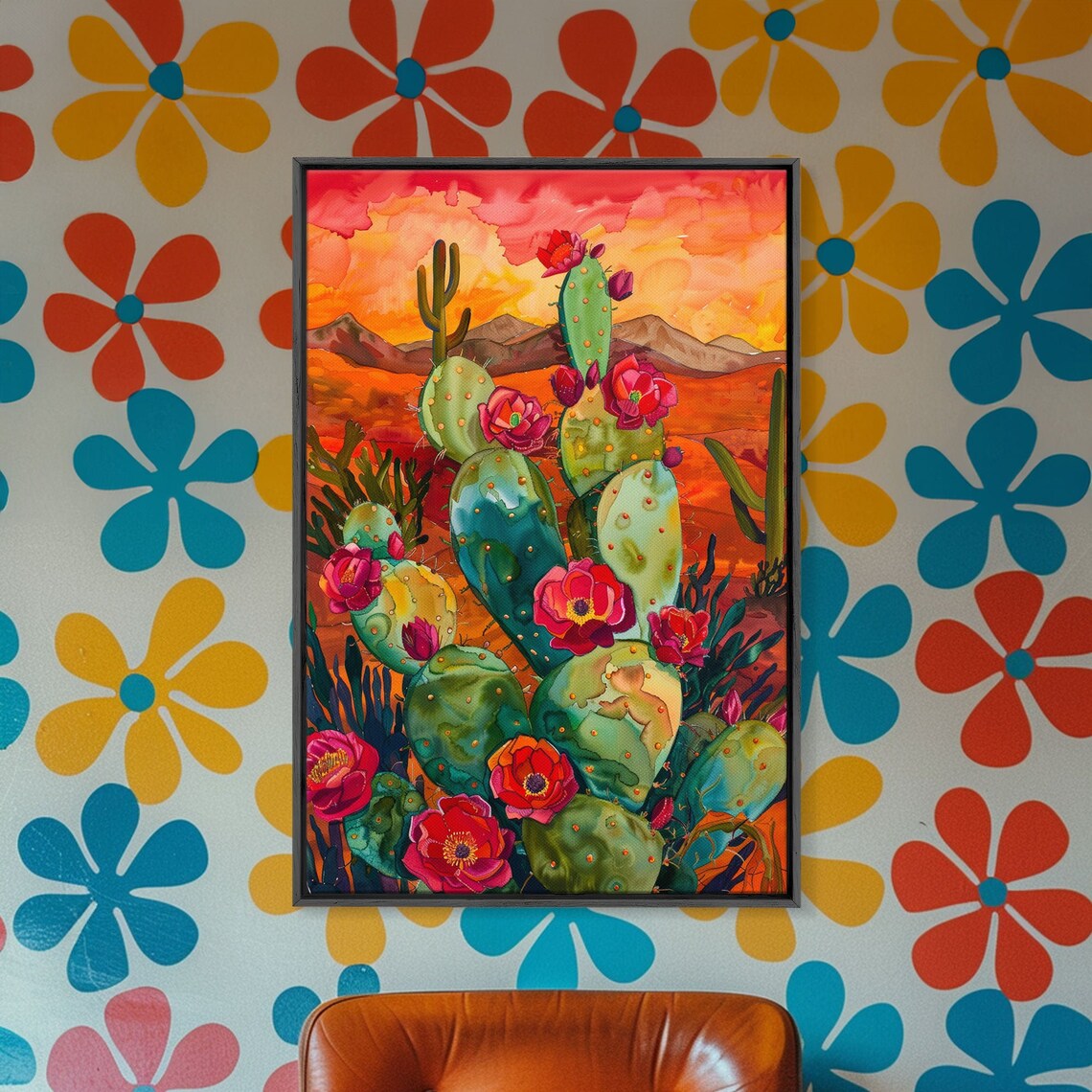 Blooming Cacti in Desert Sunset Landscape Art Print - Image 3