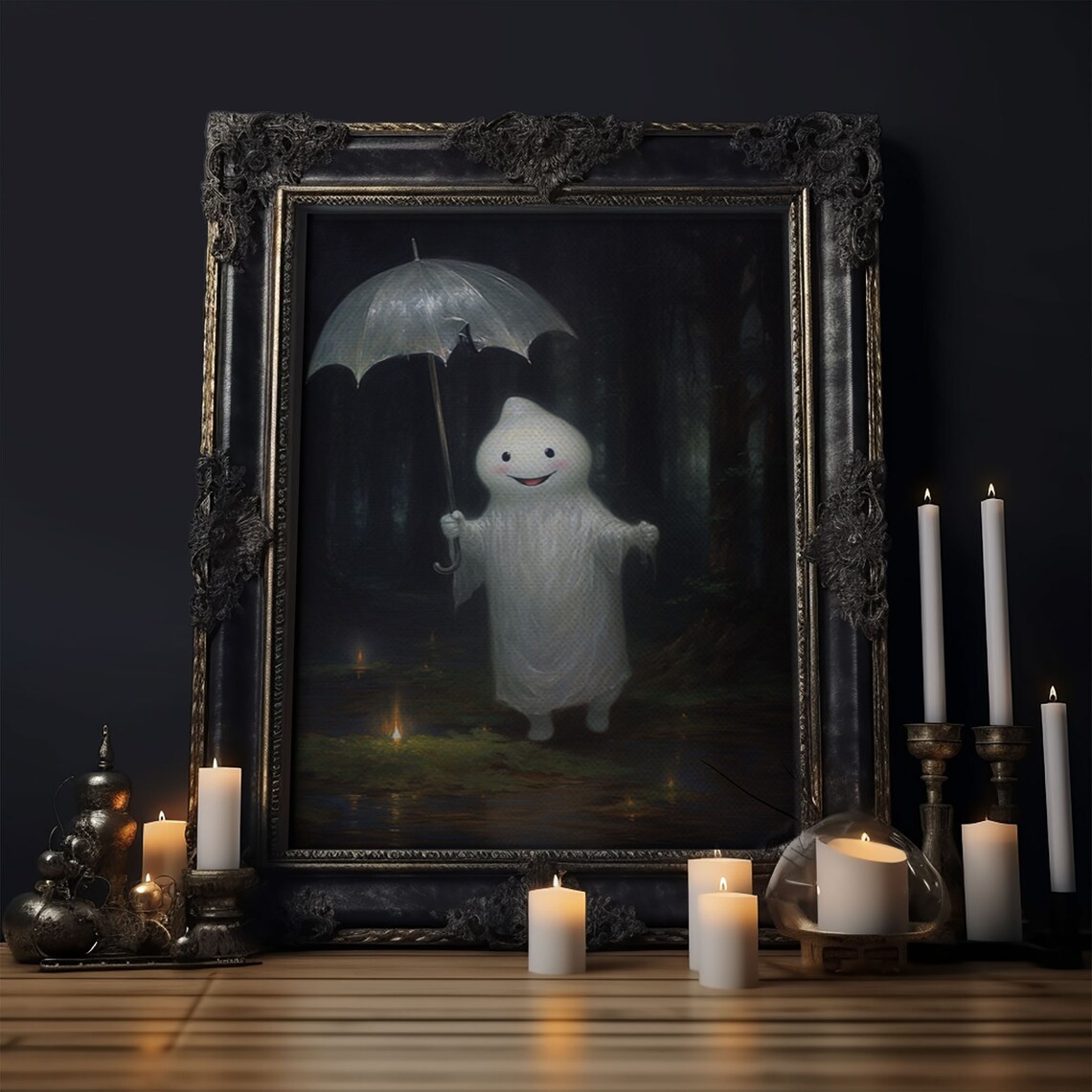 Cute Smiling Ghost With Umbrella Rainy Night Forest Halloween Goth Wall Art Poster