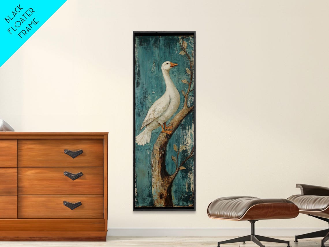 White Duck on Branch Teal Folk Art Distressed Rustic Wall Art