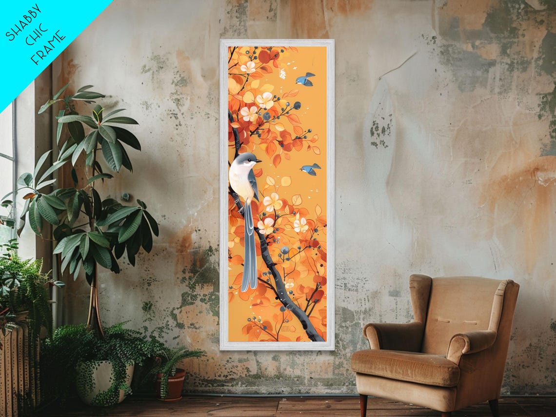 Birds Among Orange Autumn Leaves Blossom Branch Tall Art Poster