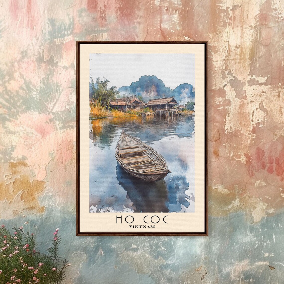 Ho Coc Vietnam Wooden Boat Still Water Stilt Huts Watercolor Poster - Image 4
