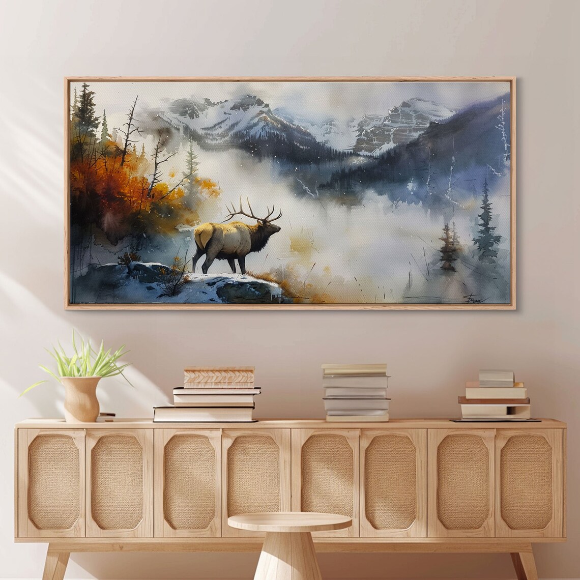 Majestic Elk in Misty Mountains, Rustic Nature Art Print