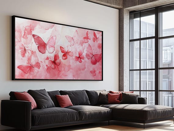 Pink Butterfly Collection Illustration In Whimsical Wall Art Style On Framed Print Feminine Bedroom Or Living Room Decor