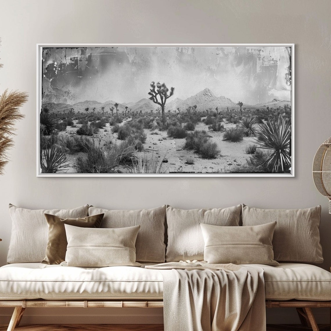 Desolate Desert With Joshua Trees Distant Mountains Black White Print - Image 5