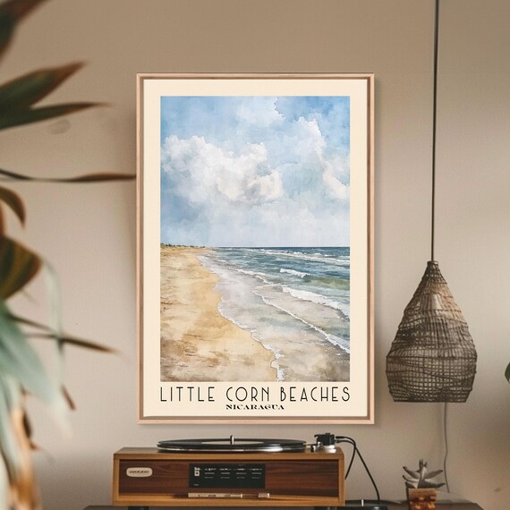 Little Corn Island Nicaragua Sandy Beach Gentle Waves Watercolor Poster
