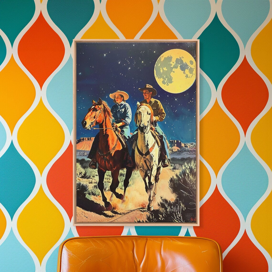 Vintage Cowboy Couple Riding Under Full Moon Night Sky Western Poster - Image 4