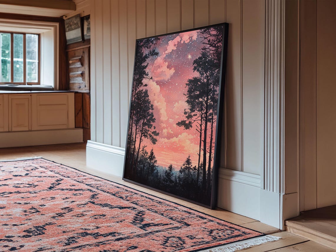 Starry Pink Dusk Sky Pine Forest Silhouette Night Wall Art Poster