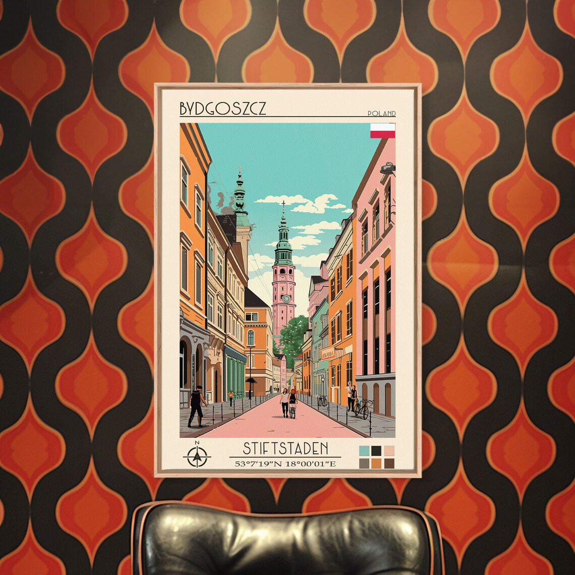 Bydgoszcz Poland Pink Street Twin Church Towers Pedestrian Poster - Image 4
