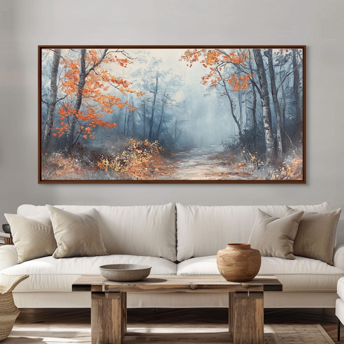 Misty Forest Path Lined With Bright Orange Autumn Trees Poster - Image 3