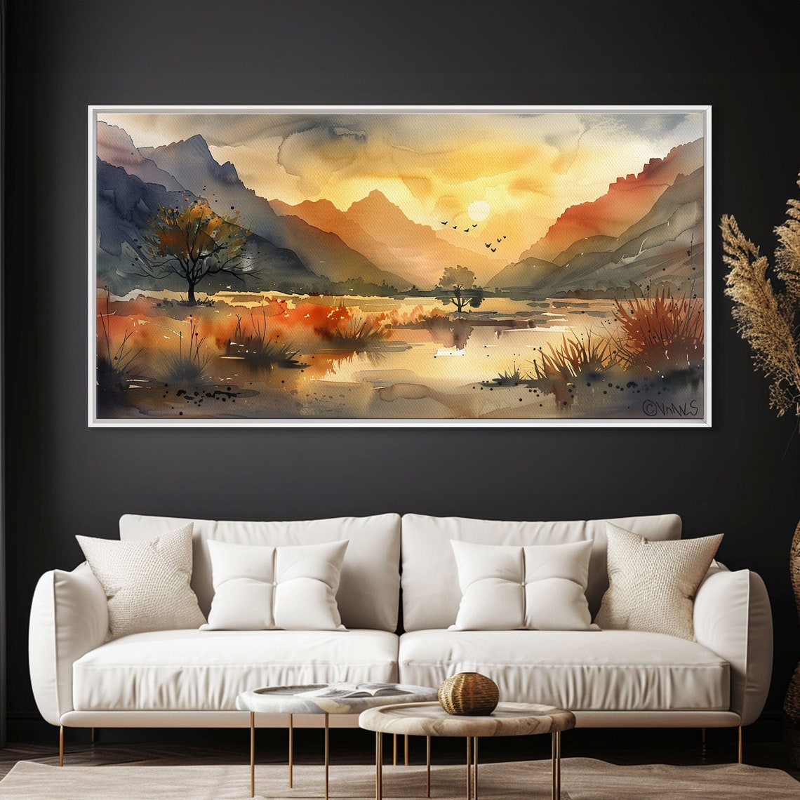Golden Autumn Marsh Watercolor Mountain Lake Sunset Landscape Poster - Image 4