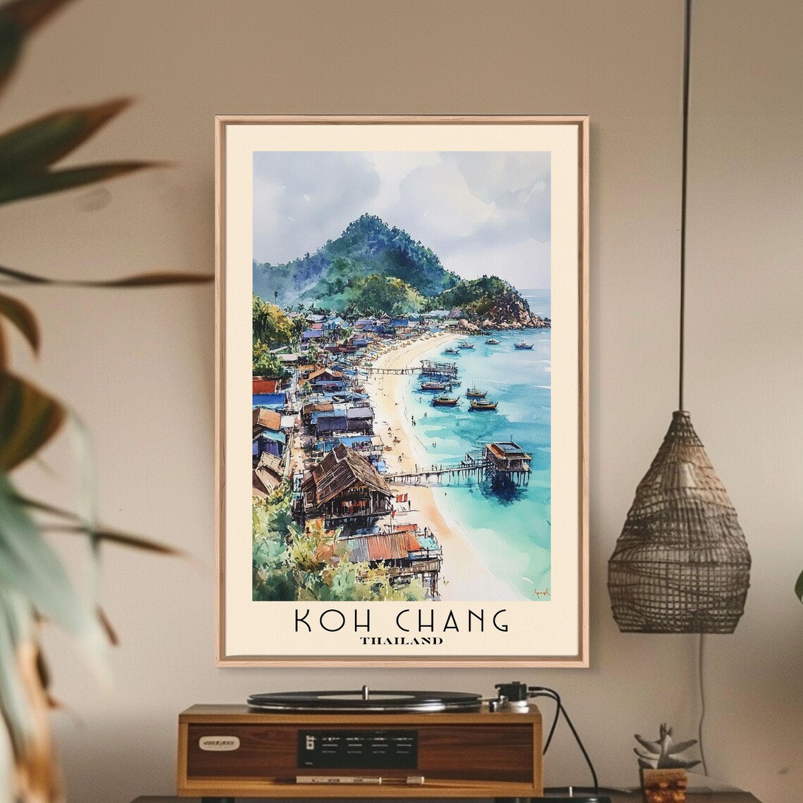 Koh Chang Thailand Fishing Village Pier Boats Mountain Watercolor Poster