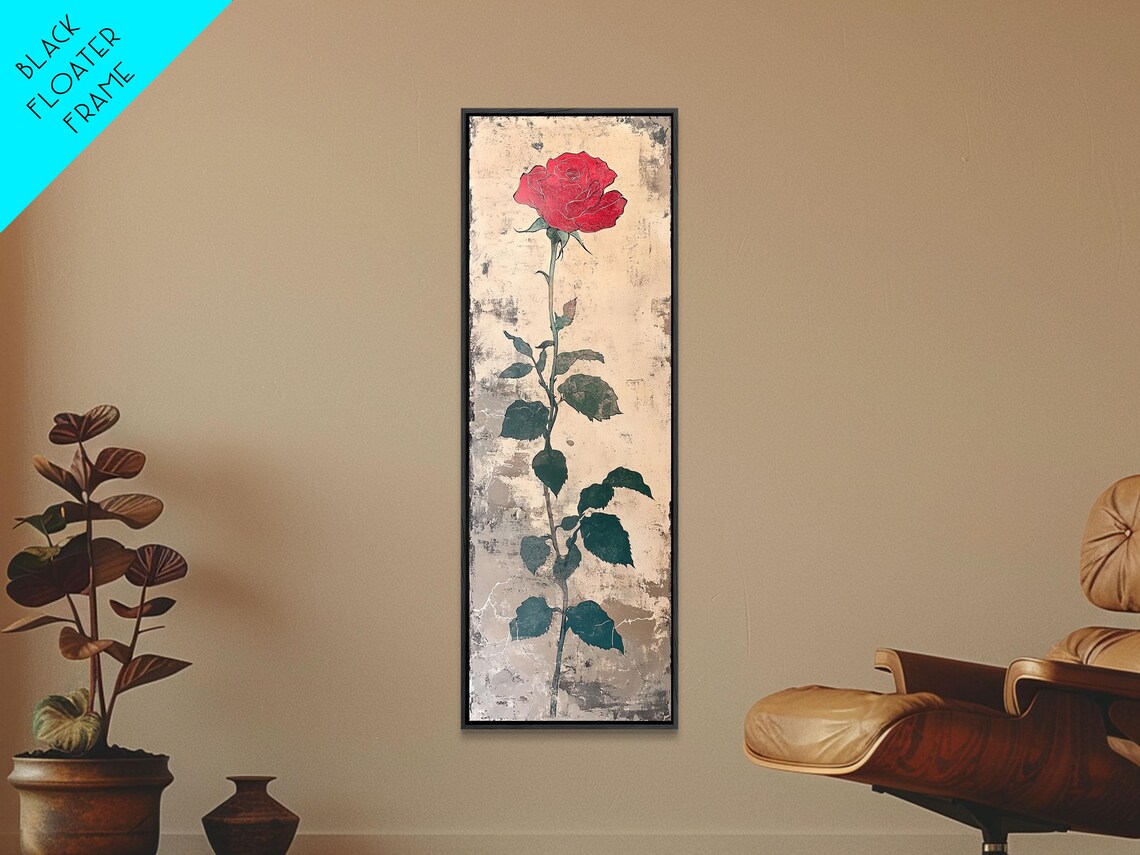 Single Red Rose Long Stem Japanese Woodblock Floral Wall Art - Image 3