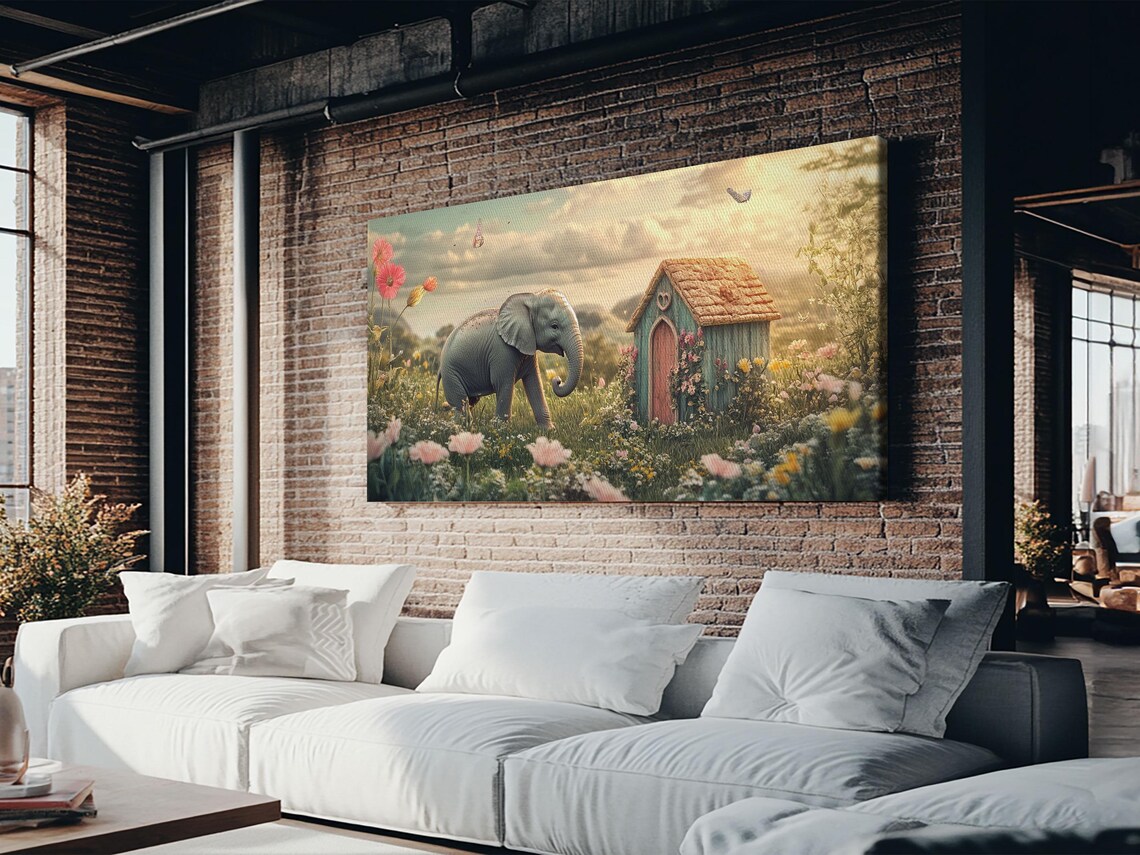 Baby Elephant Flower Meadow Cottage Pastel Whimsical Nursery Wall Art Poster - Image 4